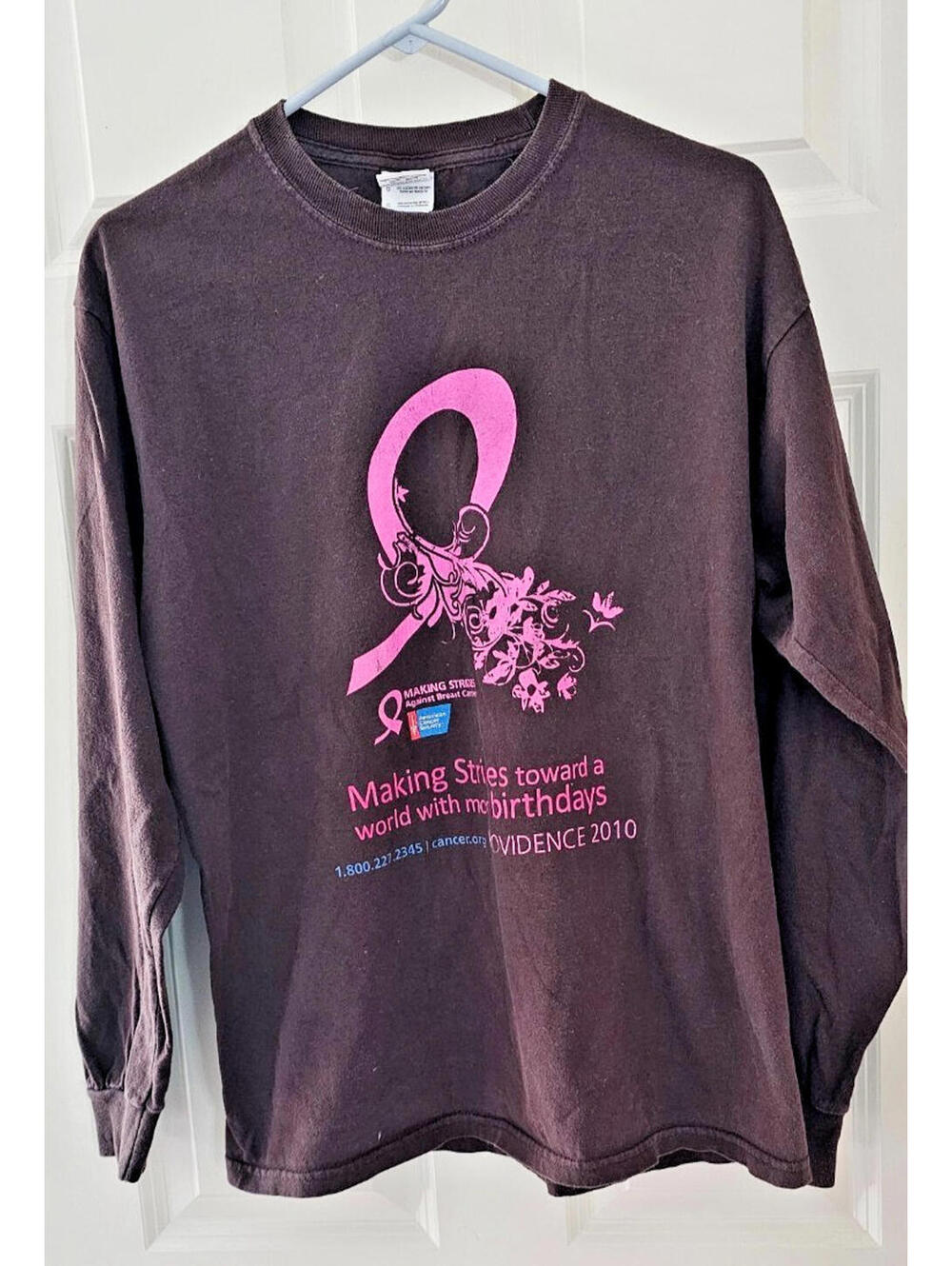 Breast Cancer Awareness 2010  brown with pink Bow  long sleeve shirt Sz Large